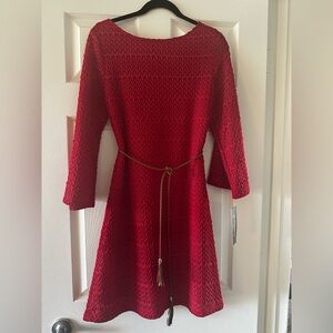 NWT- Sharagano Red Textured Long Sleeve Dress with Belt